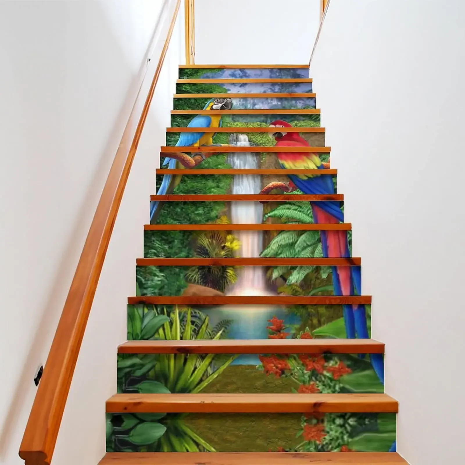 Parrot Stair Stickers Colorful Macaw Stairway Decals Tropical Birds Forest Waterfall Self-adhesive Staircase Murals Home Decor