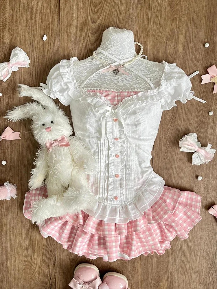 

Japan Kawaii Lolita Style Skirt Set Women Sweet Halter Neck Ruffles Blouses Plaid Mini Pleated Skirts Suit Harajuku Y2K Outifits