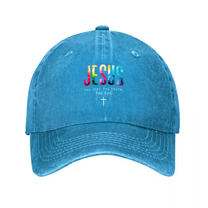 JESUS Rainbow Cross Washed Denim Baseball Cap Faith Inspired Christian Hat with Vintage Style Design and Adjustable Fit