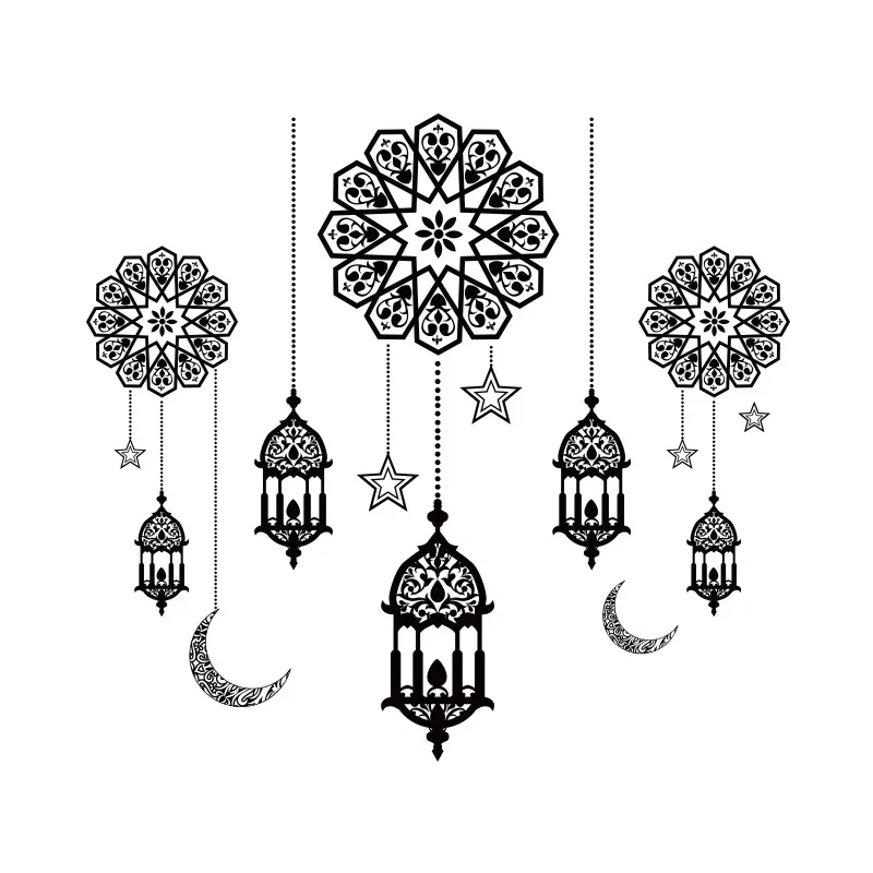 Islamic Home decor EID Mubarak Wall Sticker Black Moon lantern Mural wall Decal Ramadan decoration 2025 Muslim Window Stickers