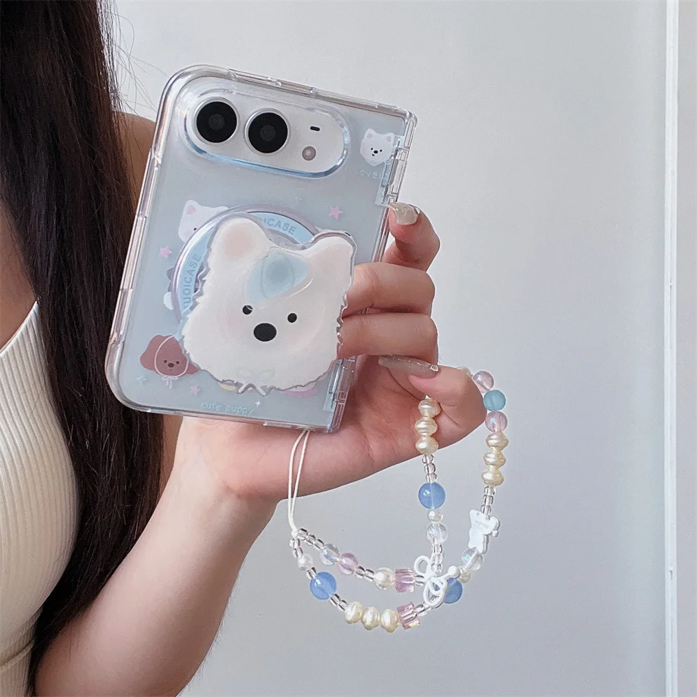 Cute White Dog Magnetic Holder Phone Case For iPhone Duo Clear Shockproof Cover With Beaded Lanyard Korea Kawaii Puppy Fundas
