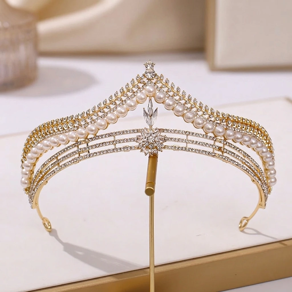 

Bride Wedding Tiaras and Crowns Gold/Silver Color Alloy Headbands White Pearls Decor Royal Queen Crowns Bridal Hair Jewelry