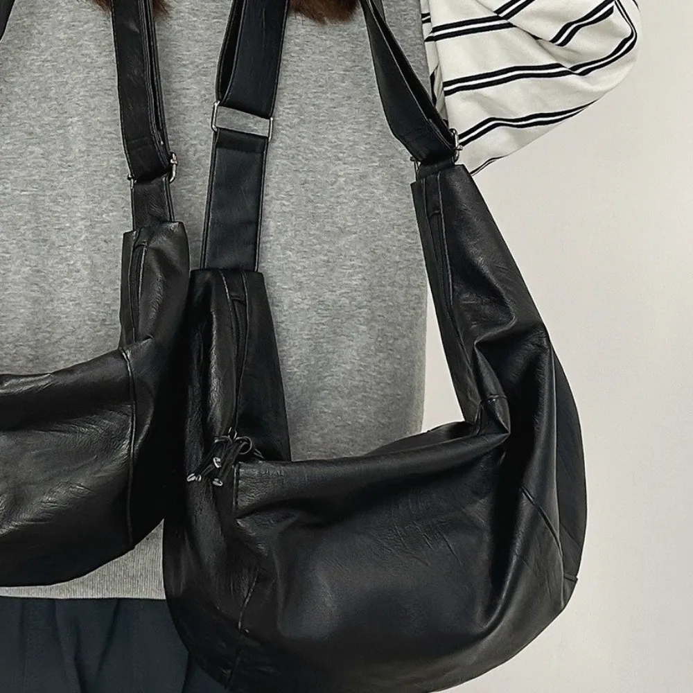Large Capacity Japanese Style Crossbody Bag Soft Adjustable Dumpling Shaped Bag Leather Waterproof Travel Shoulder Bag Unisex