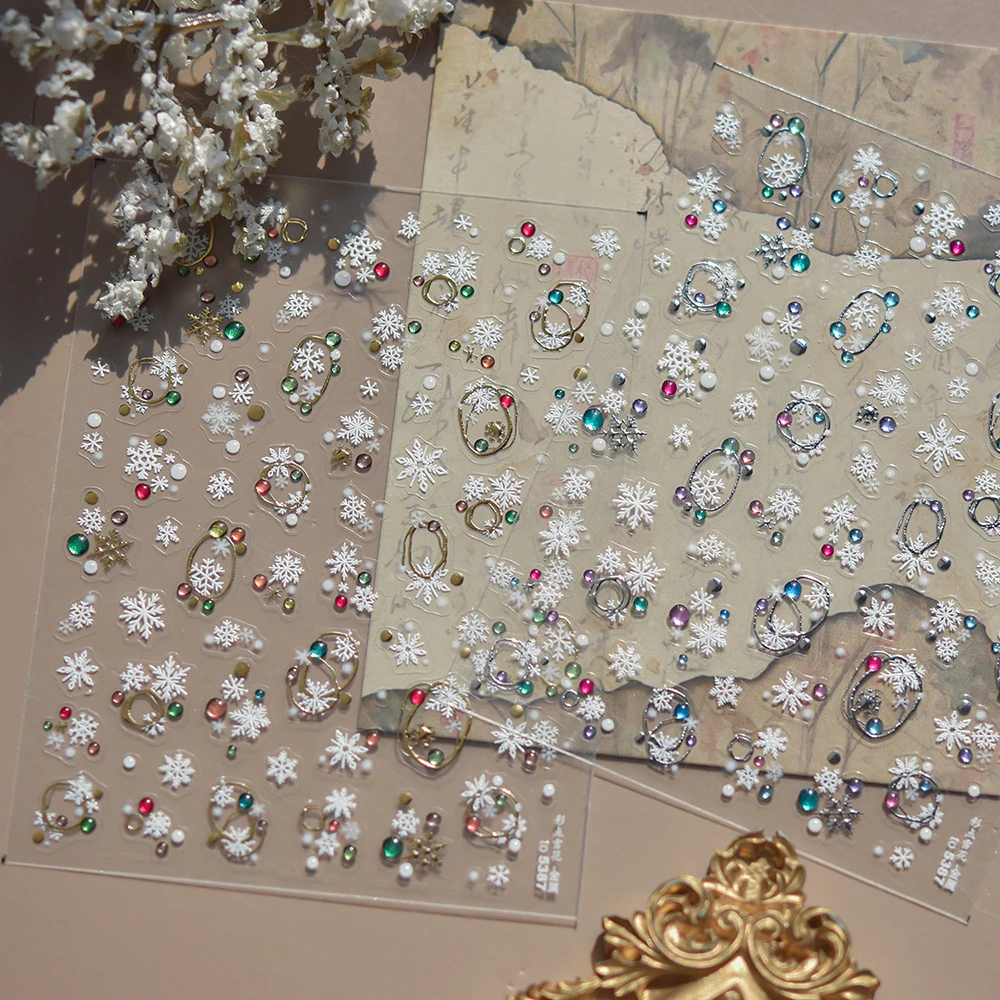 1pcs 5D Chic Dot Snowflakes Nail Art Sticker Bronzing Silver Gold Sparkle Circle Snowflakes Decals for Christmas Nail Decoration