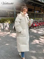 Vielleicht 2024 Giacca Coreana Delle Donne di Inverno X-lungo Parka Solido Con Cappuccio Addensare Caldo Femminile Cappotto di Usura Della Neve Imbottito Abiti Allentati