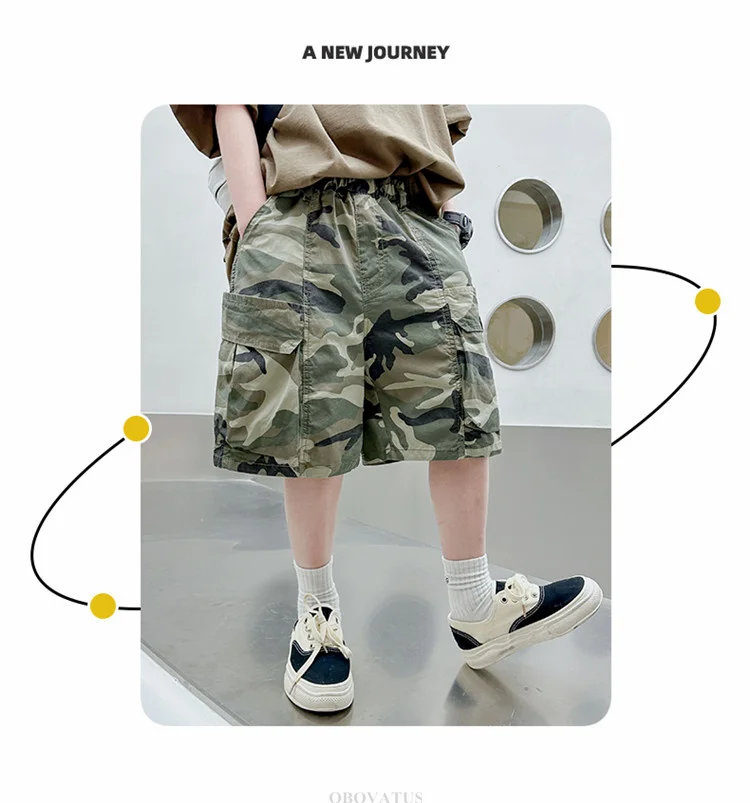 Kinder Sommer Camouflage Shorts für Jungen im Teenageralter, Freizeitkleidung, Baumwolle, elastischer Bund, Cargo-Shorts mit Tasche für Teenager. – Detail 3