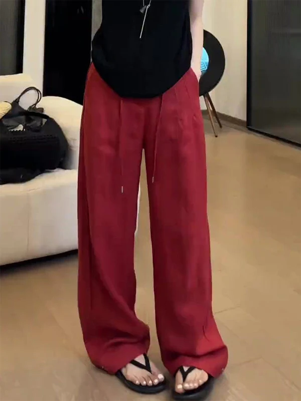 

Red Linen Wide Leg Pants Women's Fashion Casual High Waist Straight Cut Spring Summer Slimming Versatile Commute Trendy Trousers