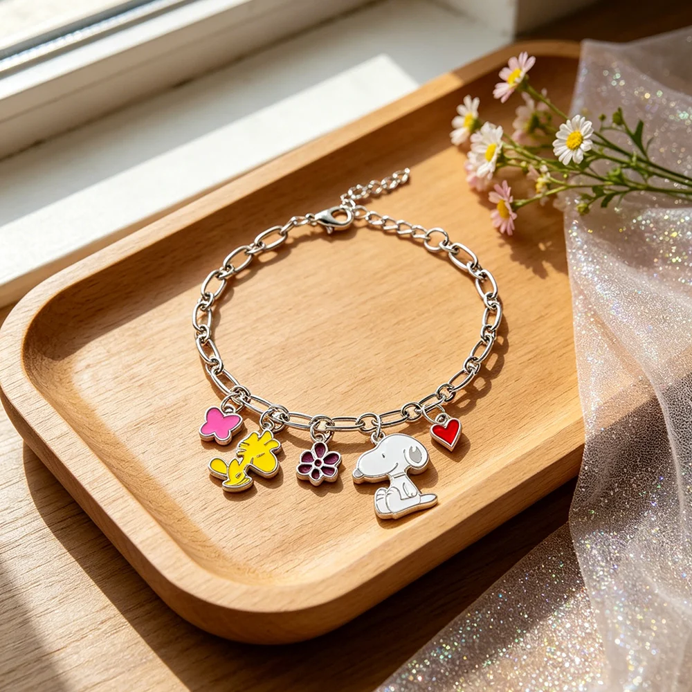 Pulsera de Eslabones Ajustable de Plata con Dijes de Dibujos Animados Snoopy y Woodstock, Esmalte Colorido, Corazón, Flor y Mariposa, Regalo para Niña