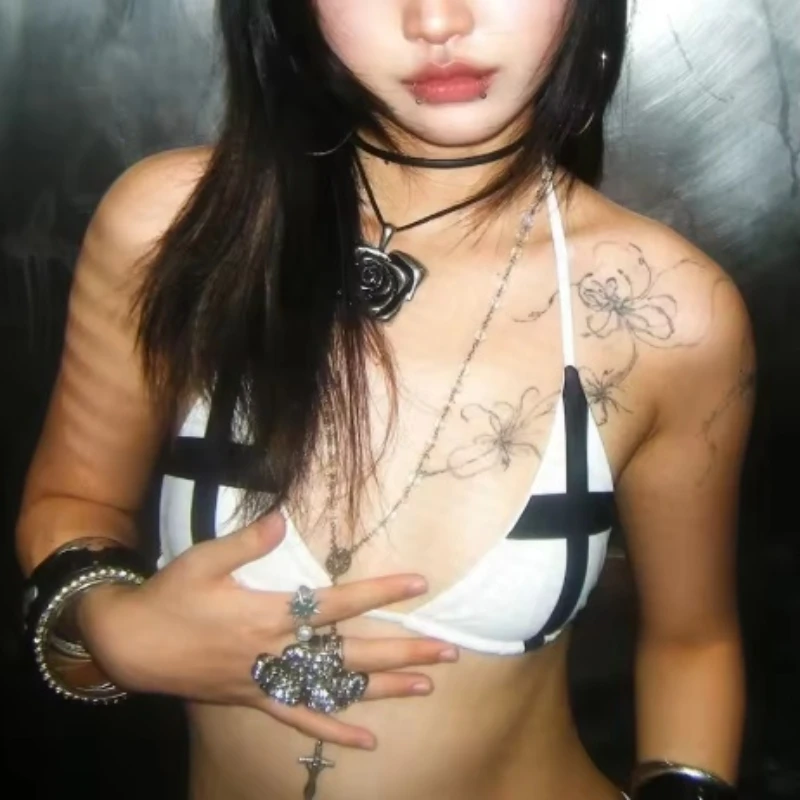 Zomer sexy bikiniset met gekruiste print, punk slim fit gothic mini-short voor dames, Amerikaanse retro Y2K-stijl, strandkleding