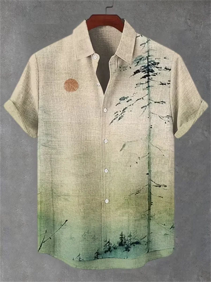 New Chinese ink wash style men's short sleeved linen shirt, digital printing, casual and comfortable, fashionable dressing