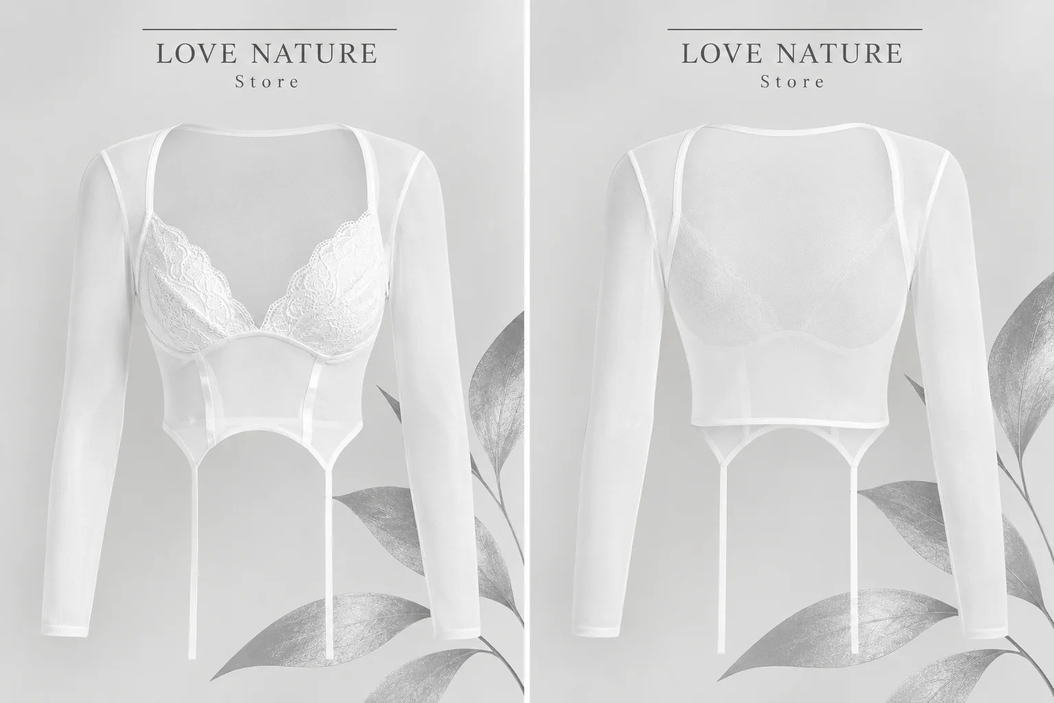 【LOVE NATURE Store】Women's Sexy White Lace Mesh Crop Top, Sheer Long Sleeve Bustier with Garter Straps, Y2K Lingerie