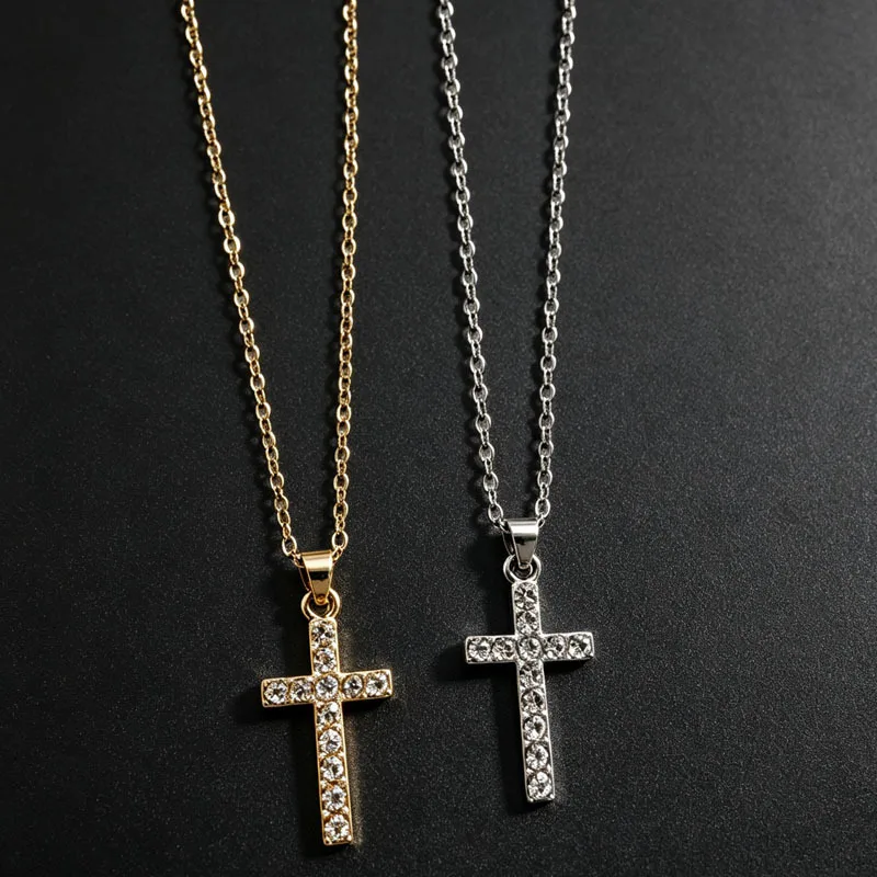 Fashion New Zircon Inlaid Cross Necklace Pendant Jewelry for Women Gold Color Long Clavicle Chain Necklaces