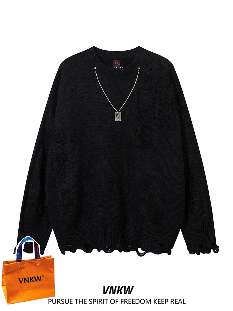 

Мужской вязаный свитер оверсайз, повседневный, модный, брендовый, для пар, утепленный, с дизайнерскими отверстиями, осень-зима