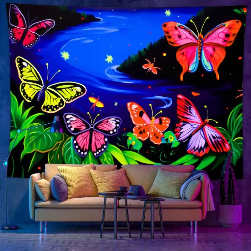 VIKAMA Colorful Butterfly Flower Fluorescent Tapestry psychedelic Neon Atmosphere Wall Hanging Bedroom Dormitory Home Decoration