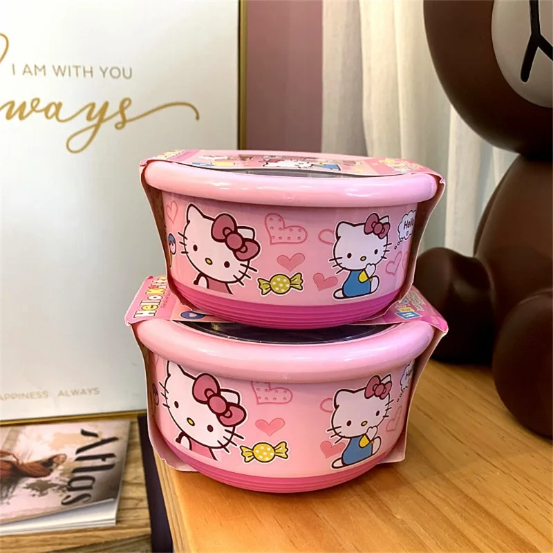 Cute Sanrio Hello Kitty Stainless Steel Ramen Bowl With Lid Large Instant Noodles Fruit Salad Rice Soup Bowl Kitchen Tableware