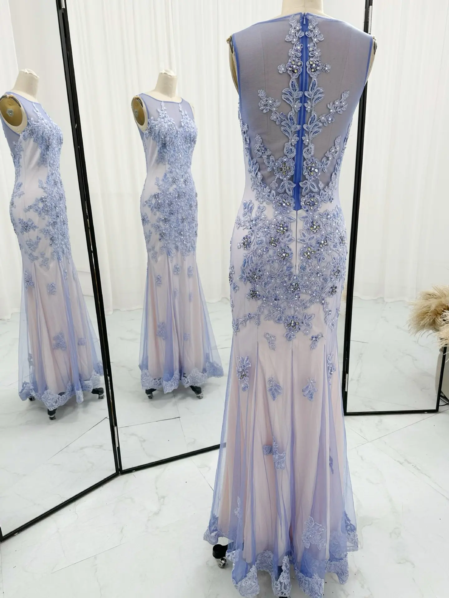 Light Purple High -End Sexy Sleeveless Diamond Jewelry Waist Waist Thin Net Gauze Evening Dress M1465