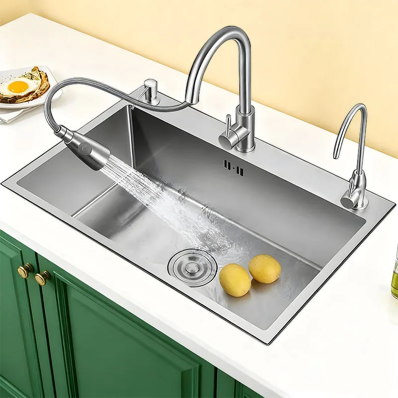 

68x45CM Kitchen sink Thickened 304 stainless steel Multifunctional Pull-out faucet With Soap dispenser Water purifier faucet