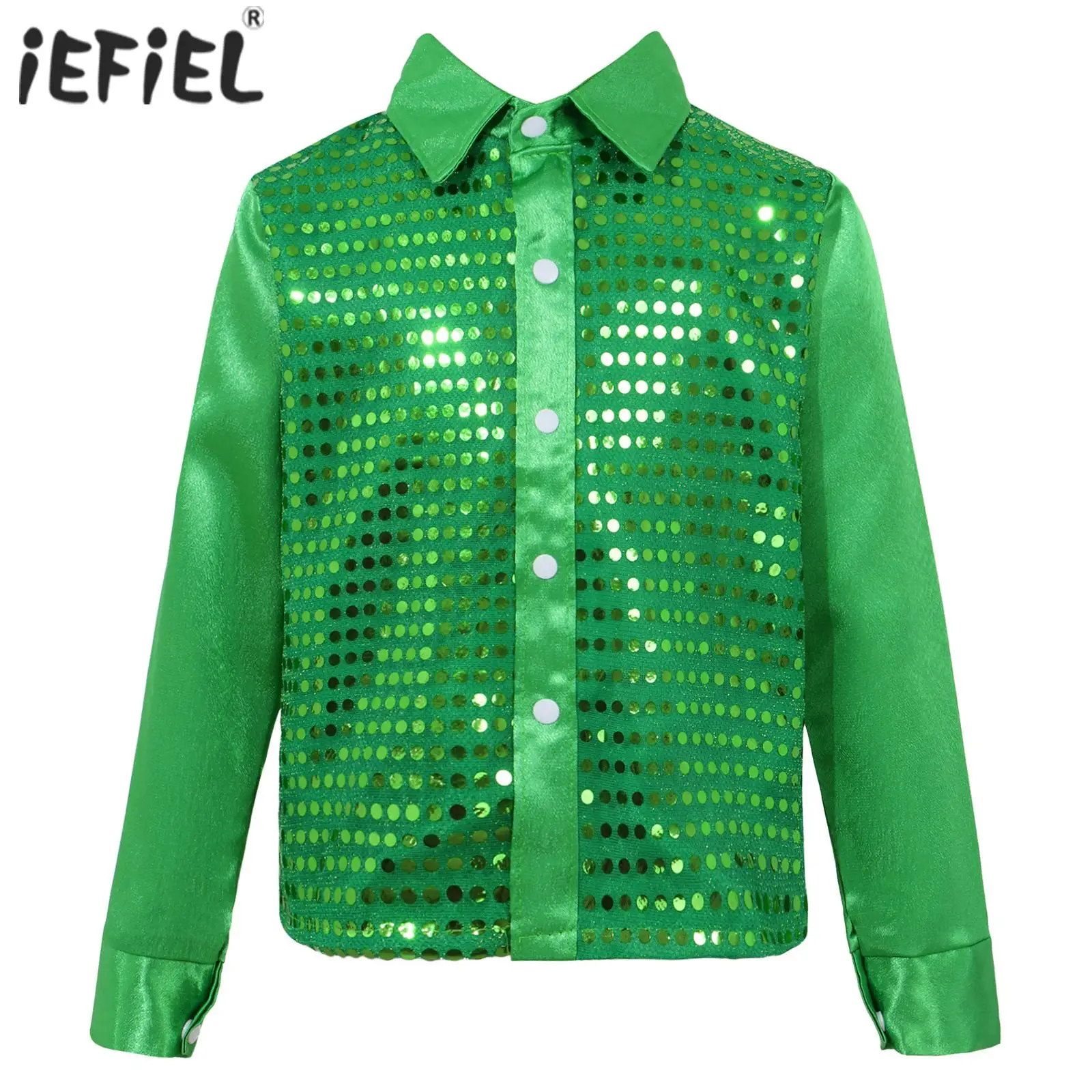 Bambini ragazzi coro Jazz Dance Wear camicia da sala da ballo top camicia a maniche lunghe con paillettes scintillanti per spettacoli teatrali