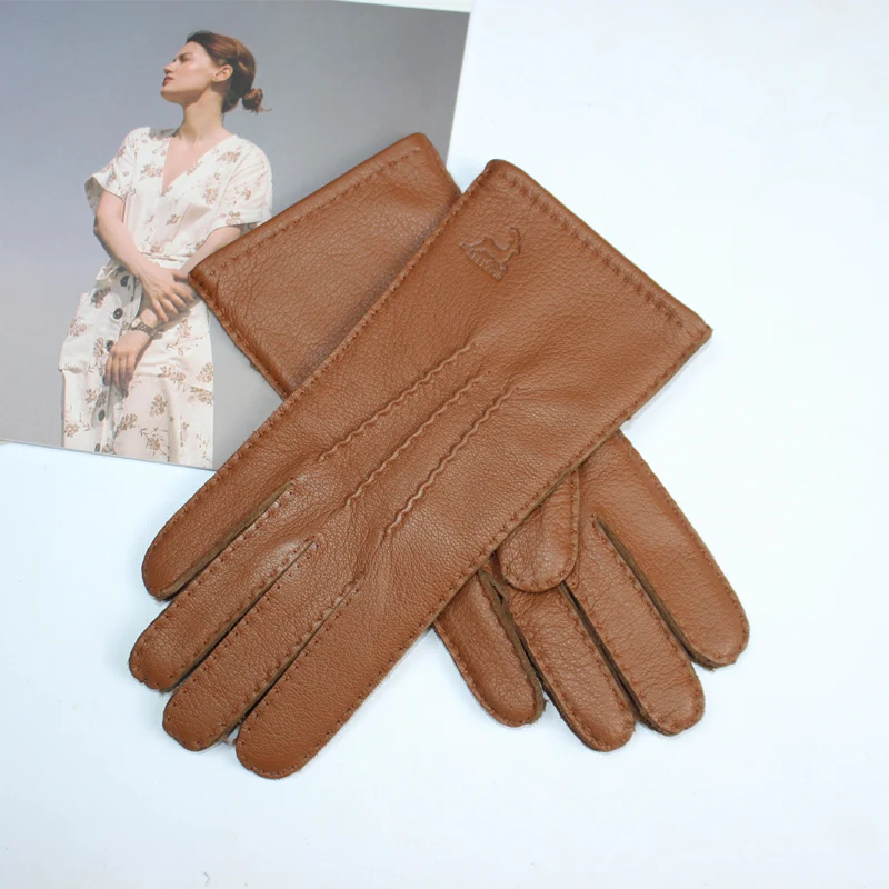 Women\'s deerskin gloves touch screen hand sewing process wool knitted lining breathable warm corrugated driving leather gloves