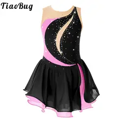 Kids Girls Sleeveless Figure Skating Dress Shiny Rhinestone Ballet Gymnastics Dance Leotard Stage Performance Costume