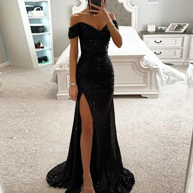 Women Elegant High Slit Cocktails Dress New Lady Party Banquet Slim Sequin Maxi Dress Sexy Slash Neck Glitter Floor-Length Dress