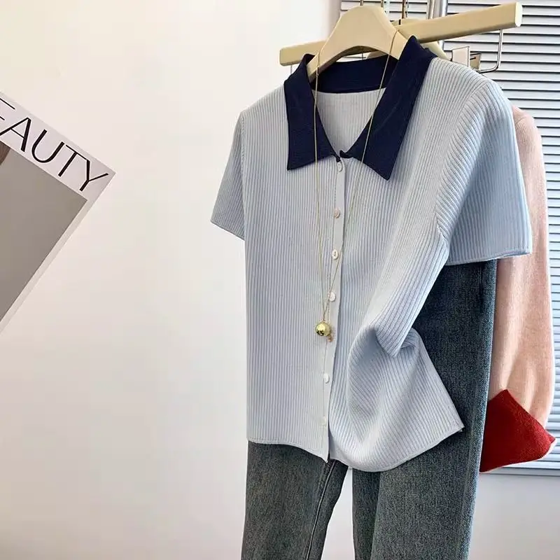 

Loose Color Blocked Lapel Short Sleeved Knitted Top For Women's Summer New Design Comfortable Shoulder T-shirt