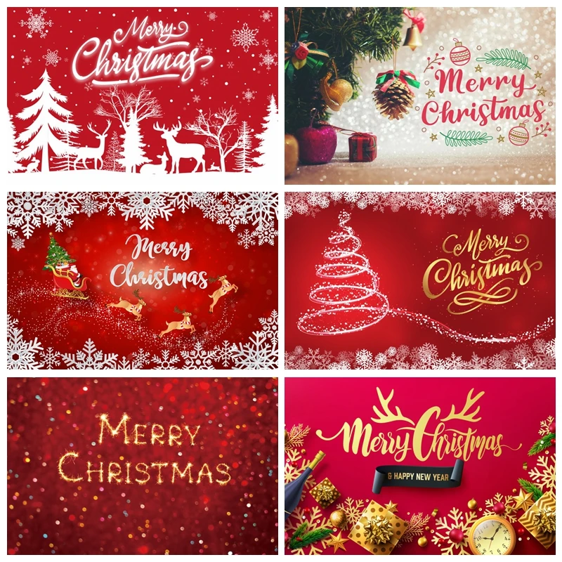 Red Merry Christmas Backdrop Xmas Tree Gift Family New Year Party Decoration Photography Background Photobooth Props