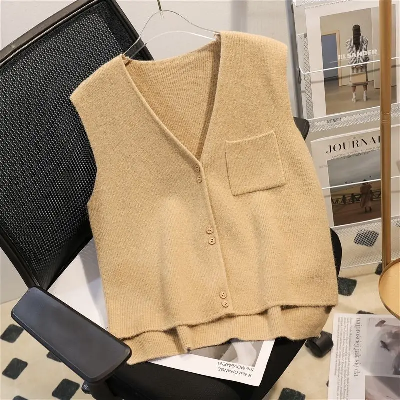 Women\'s Clothing Autumn Winter V-Neck Solid Color Button Sweater Knitted Sleeveless Coats Casual Elegant Vest Trendy Tops