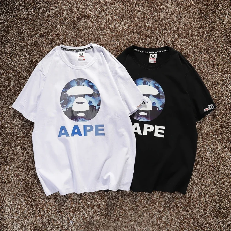 

Summer Aape Fashion Trend Ink Splash Holes Do Old Design Letters Printed Short-Sleeved T-Shirt Men and Women Cotton Tops