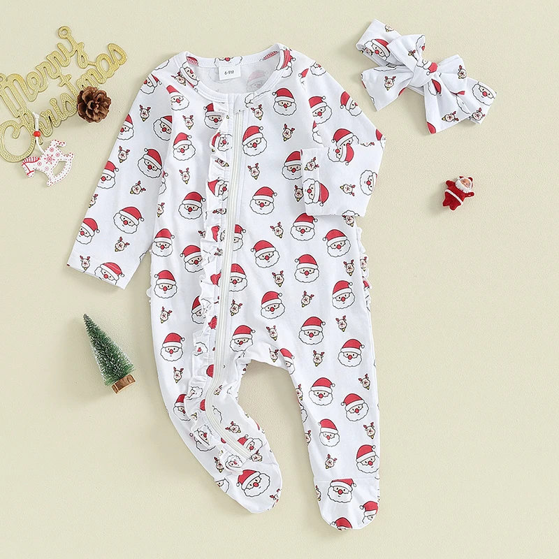 

Newborn Baby Boy Girl My First Christmas Outfit Infant Footie Romper Headband Zipper Jumpsuit Clothes