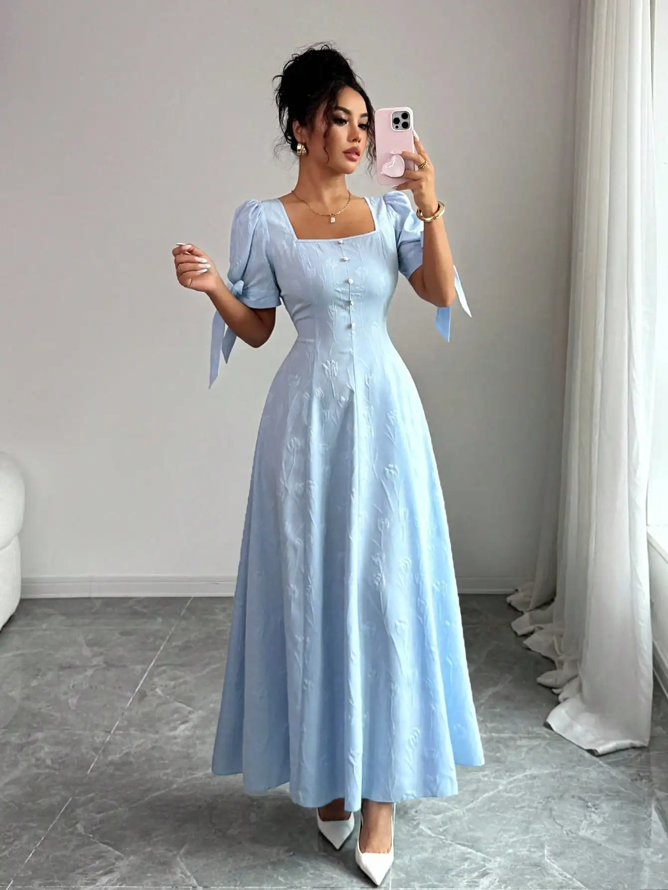 

Light Blue Square Neck Puff Sleeve Jacquard Midi Dress with Front Buttons