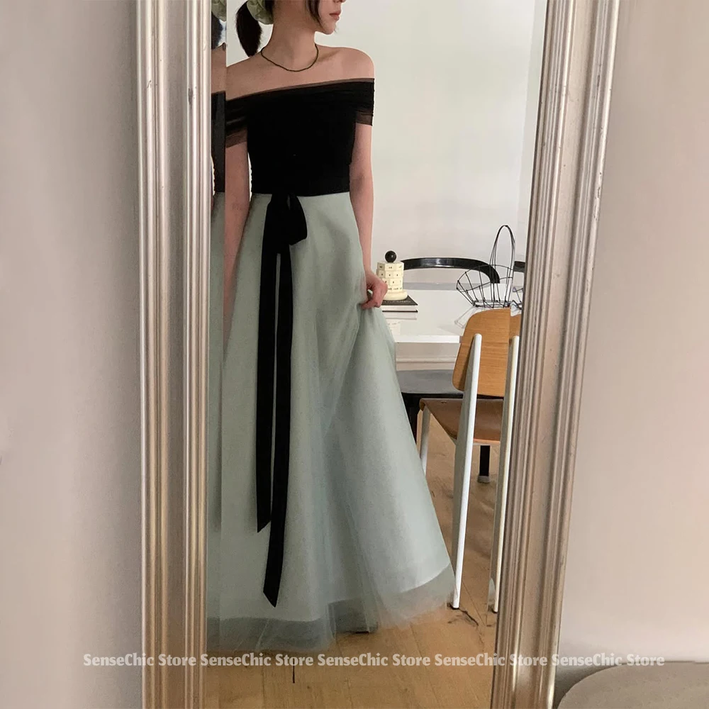 여성을위한 간단한 검정과 녹색 이브닝 드레스 한국 a 라인 우아한 Strapless Tulle 파티 공식 행사 드레스 맞춤형