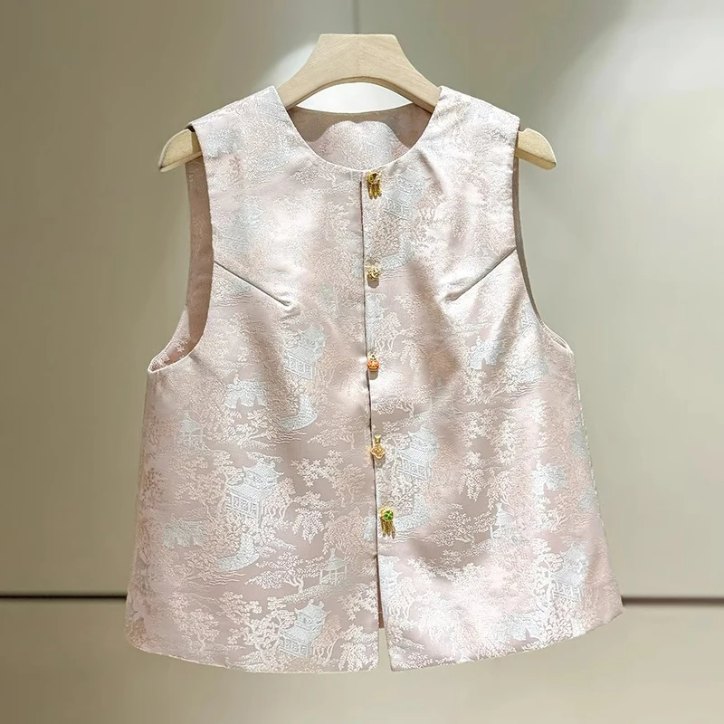 

New Chinese Sle Women's Vest round Ne Svel Jaet Embroidered Song Jin Top Faionable Traditional Outerwear