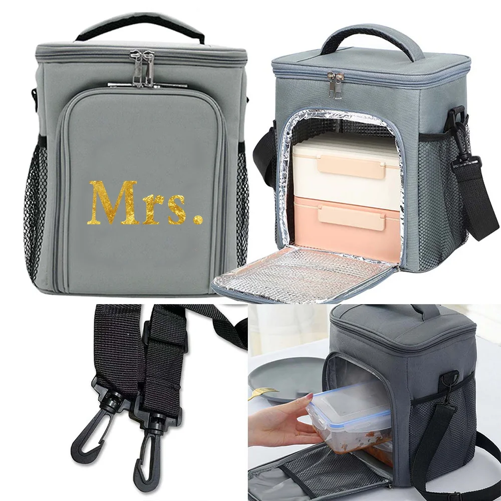 Customized Name Insulated Grey Lunch Box Bag Fashionable Single Shoulder Storage Bag Large Capacity Waterproof Storage Box