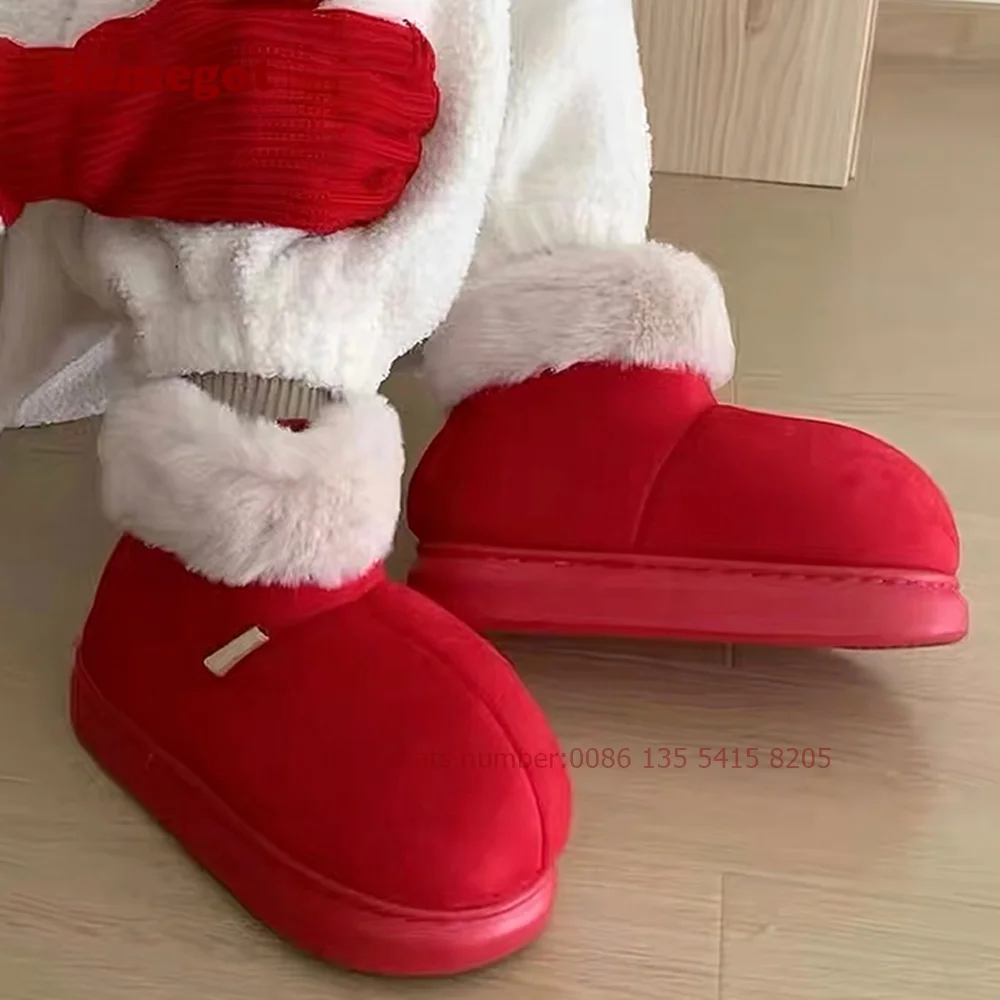 Big Red Snow Boots Round Toe Height Increasing Plush Women's Ankle Boots Warm Platform Cotton Booty Casual Winter Luxury Shoes