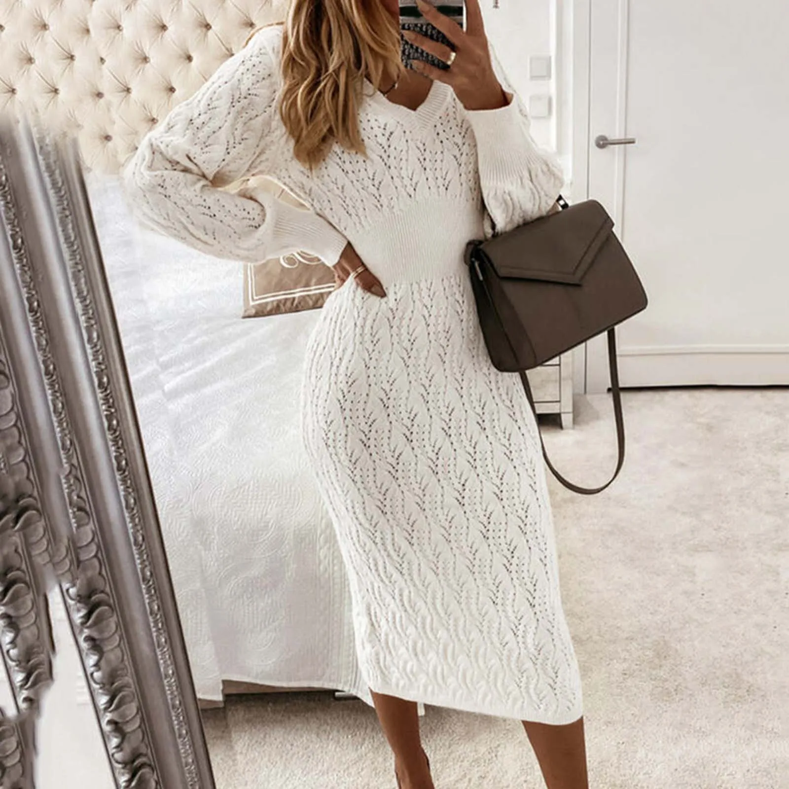 Knitted Hip Length Dress Elegant And Pretty Women Autumn Winter Warm Long Sleeved Weave Long Dresses Korean Fashion Slim Dress