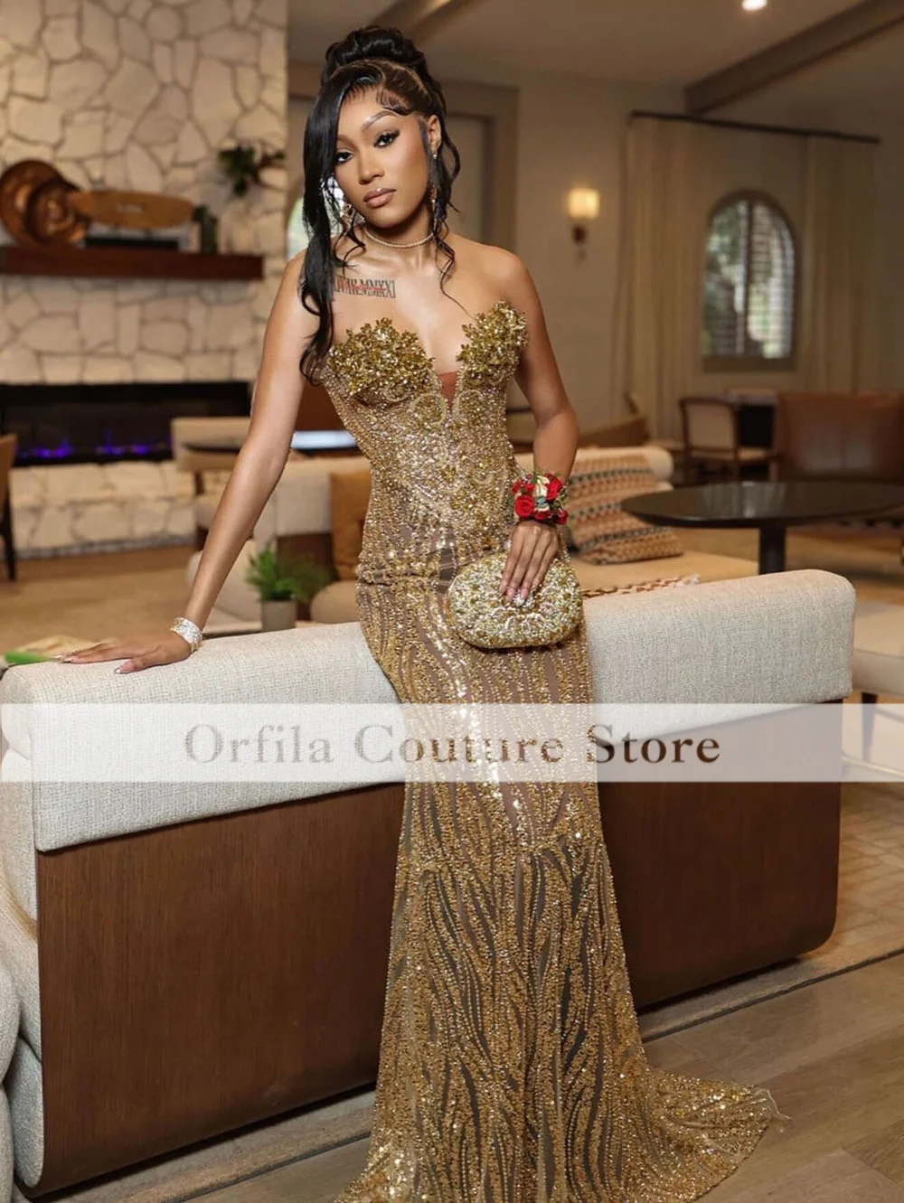 Elegant Gold Prom Dresses Mermaid 2026 Rhinestones Sequin Black Girls Evening Dress Birthday Party Gowns Customized