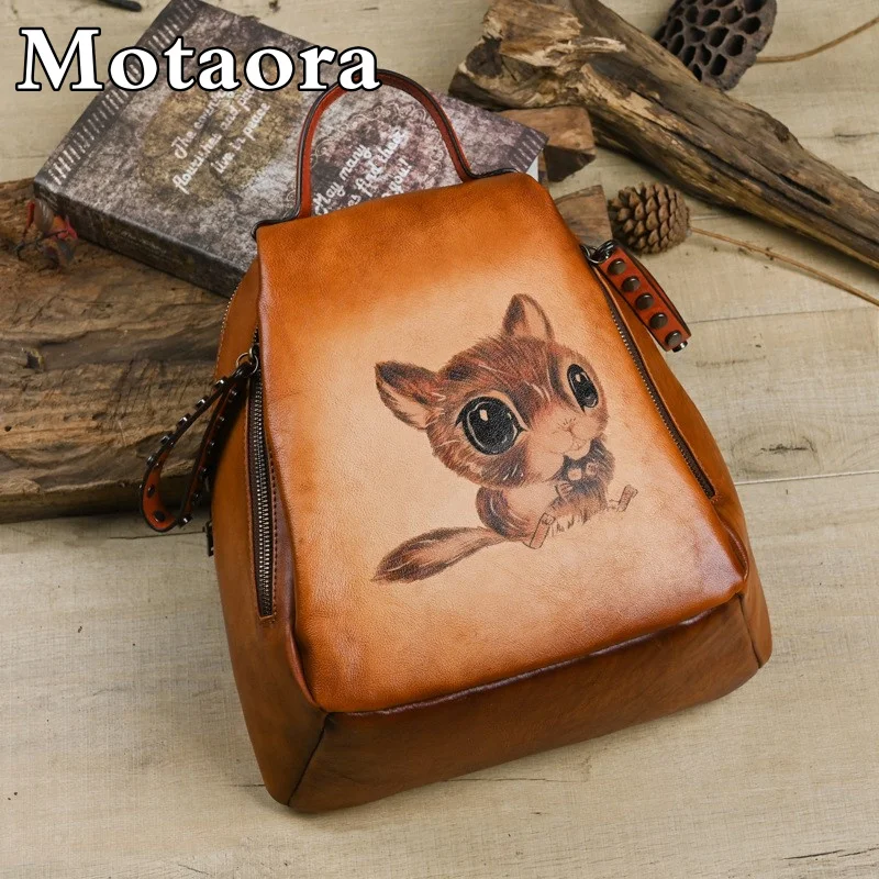 MOTAORA Aesthetic Women Backpacks For School Teenagers Girls 2024 New Hand Painted Bag Genuine Leather Travel Luxury Backpack