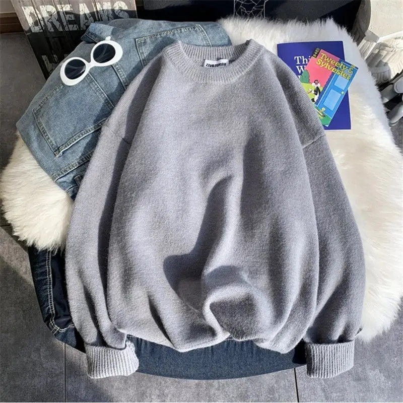 2023 New Autumn and Winter Korean Edition Simple Loose Casual Versatile Thread Round Neck Long Sleeve Solid Knit Sweater