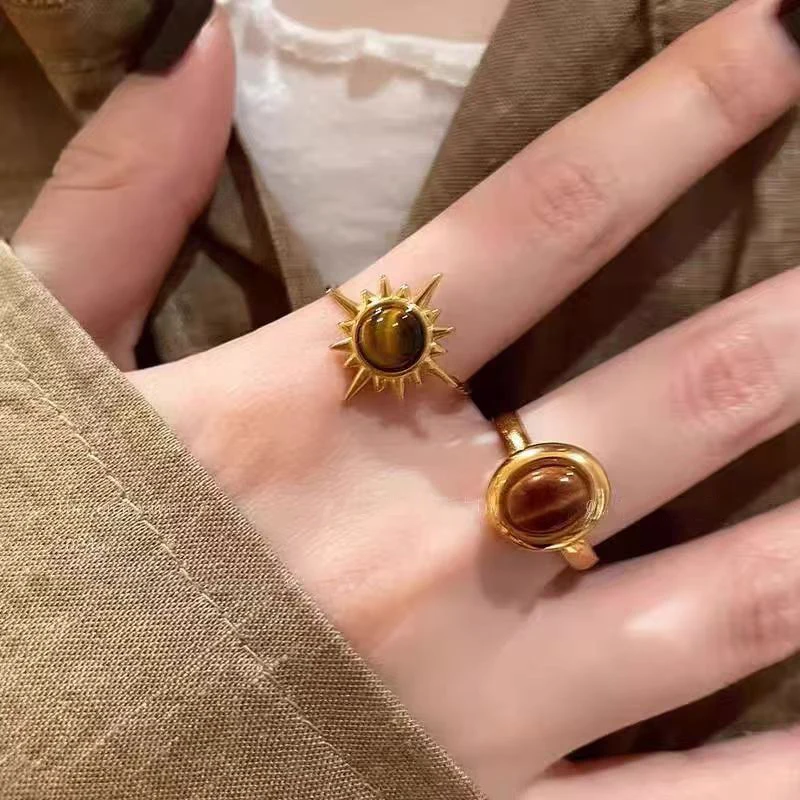 Vintage Brown Stone Rings for Women Girls Sun Irregular Gold Color Aesthetic Ring Fine Jewelry Fashion Party Accessories Gifts