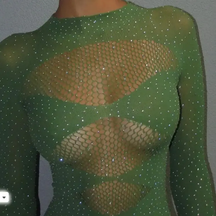 Sexy  High Collar Plus Size Nylon Rhinestone Bodystocking Long Sleeve Pole Dancewear Lingerie