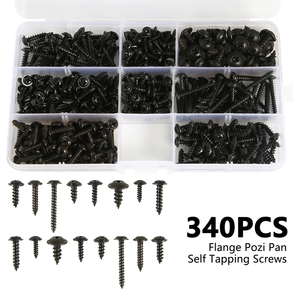 280/340Pcs Self-tapping Screw Metal Sorting Kit M3 to M4.8 Pozi Flange Pan Head Kit Cross Truss Head Screws for Building Repair