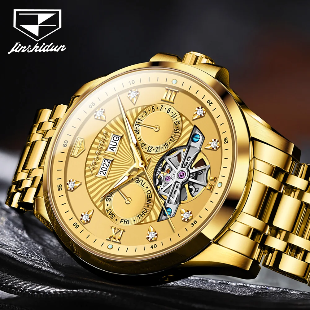 JSDUN Original Business Waterproof Stainless Steel Man Watch Luminous Calendar Multifunction Gold Automatic Mechanical Watch Men