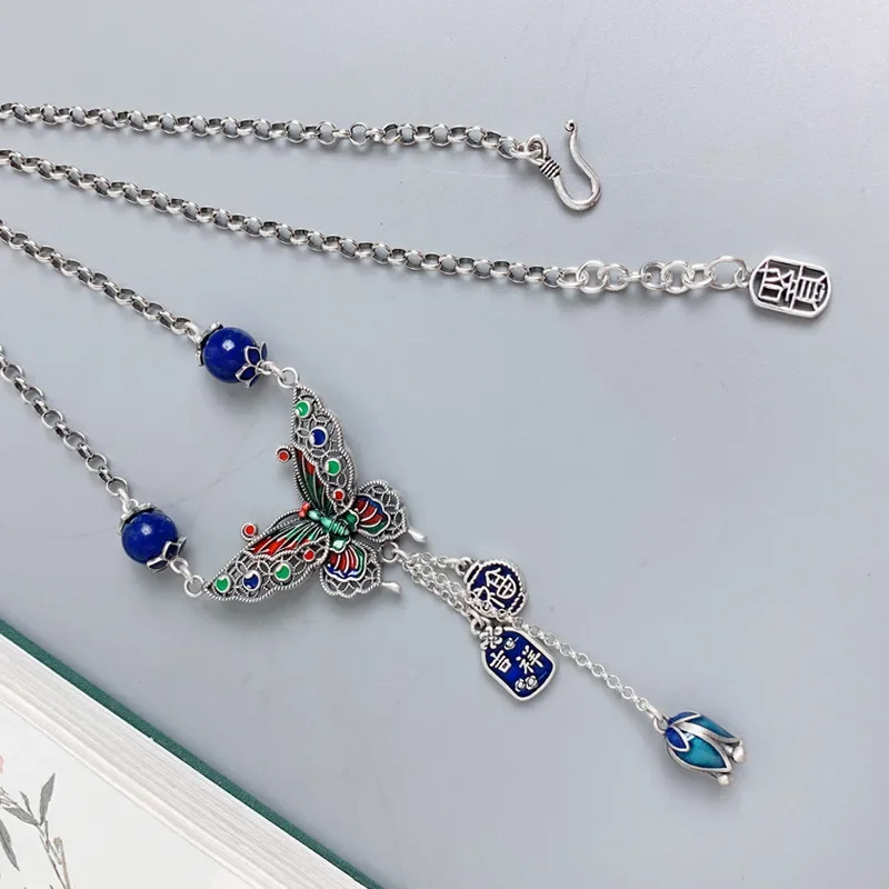 925 Silver Enamel Butterfly Tassel Necklace Sweater Chain Antique Lapis Lazuli Insect Pendant Necklaces Women Accessories XL069