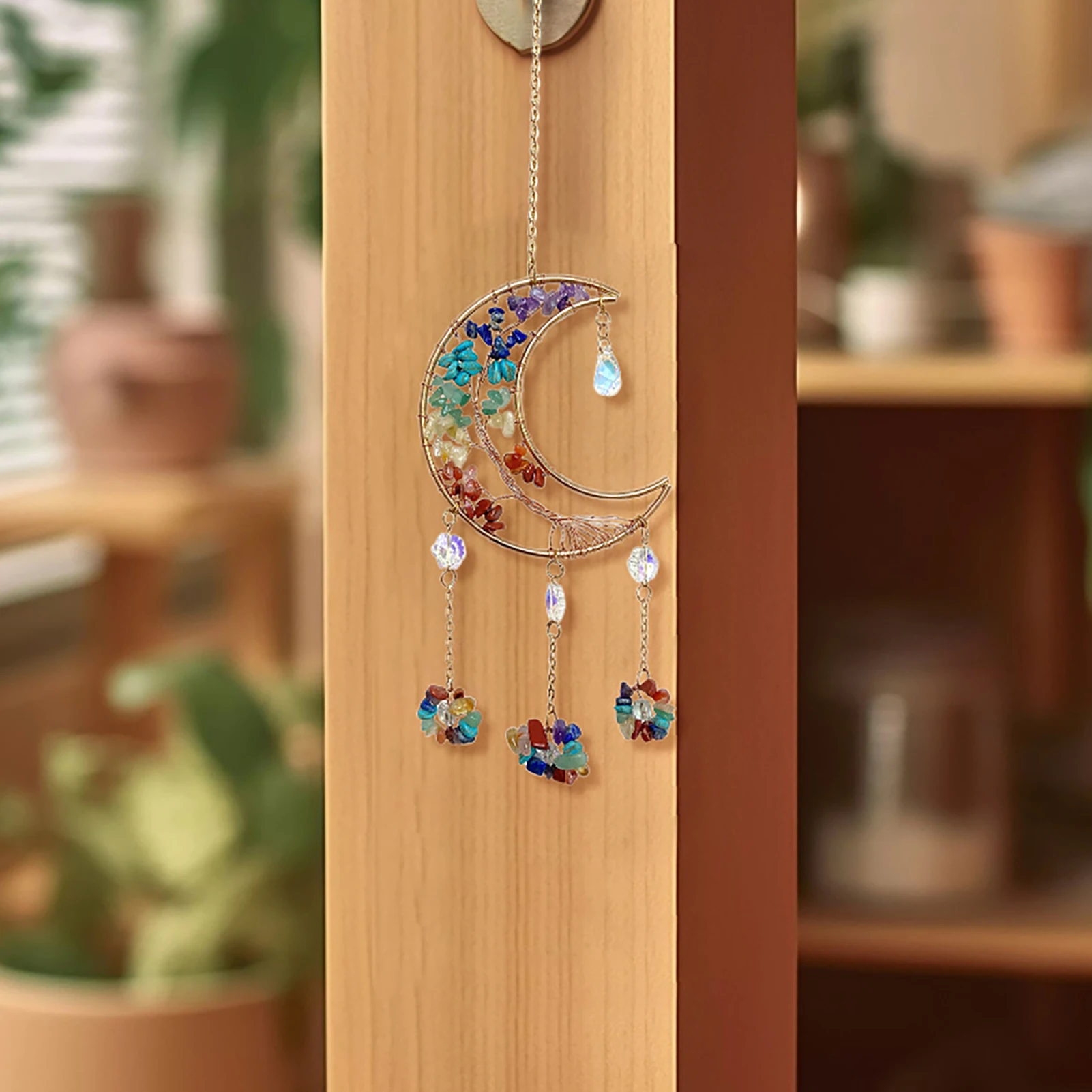 

Moon-Shaped Crystal Hanging Ornament for Wall Window, Handmade Sun Catcher with Colorful Reflections, 35cm Decor for Home Car