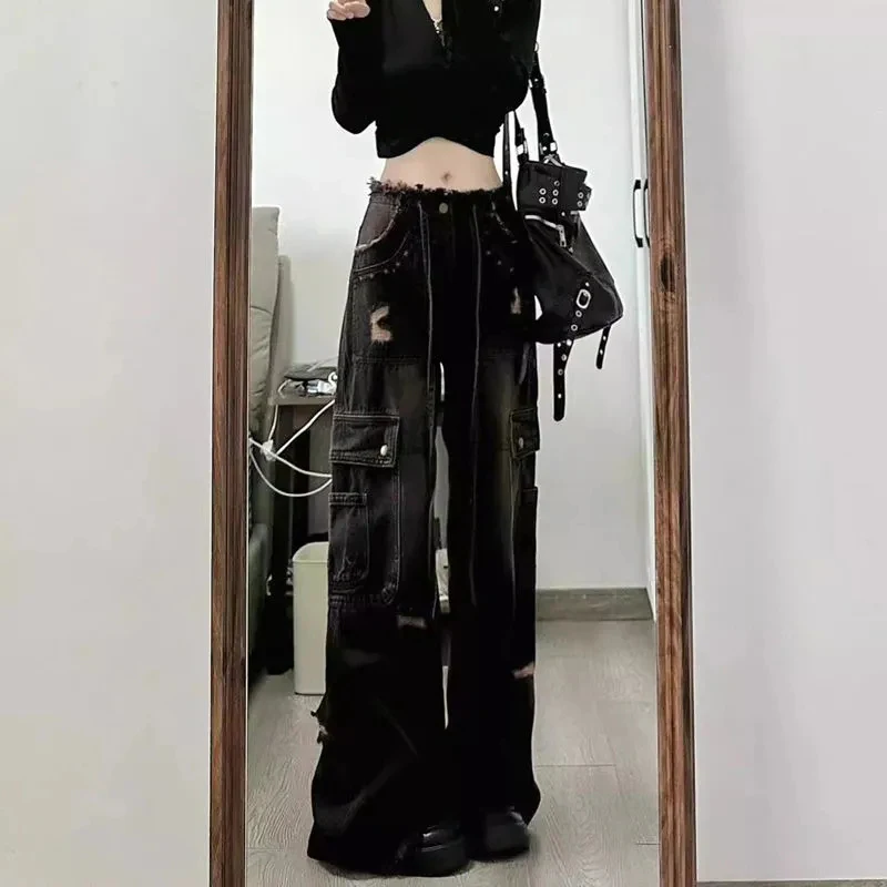 Women American Street Jeans Vintage Casual Loose Lazy Denim Pants Rivets Ripped Lace Up Big Pocket Straight Gothic Y2K Trousers