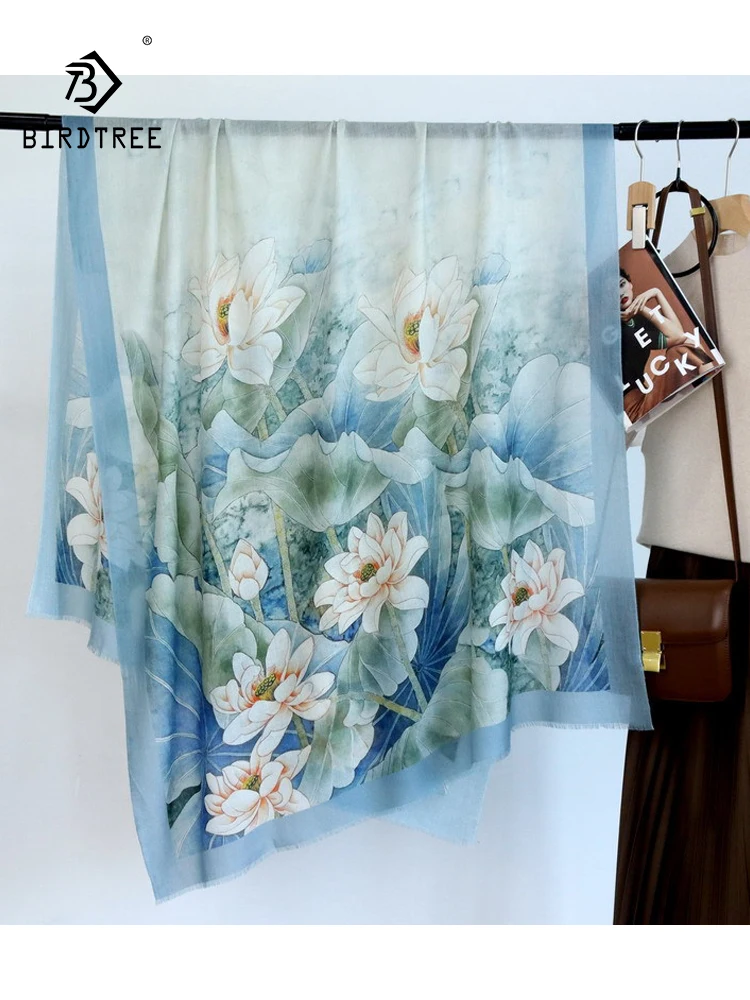 BirdTree, 100%Wool Elegant Long Scarf, 200cm Flower Print Warm Soft Scarf, 2024 Autumn Winter Mom Gift Versatile Shawl A465121QC