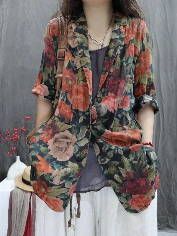 

Хлопково-льняной костюм в стиле ретро для женщин, свободный крой с цветочным принтом, индивидуальный дизайн, летнее новое поступление, офисное поступление