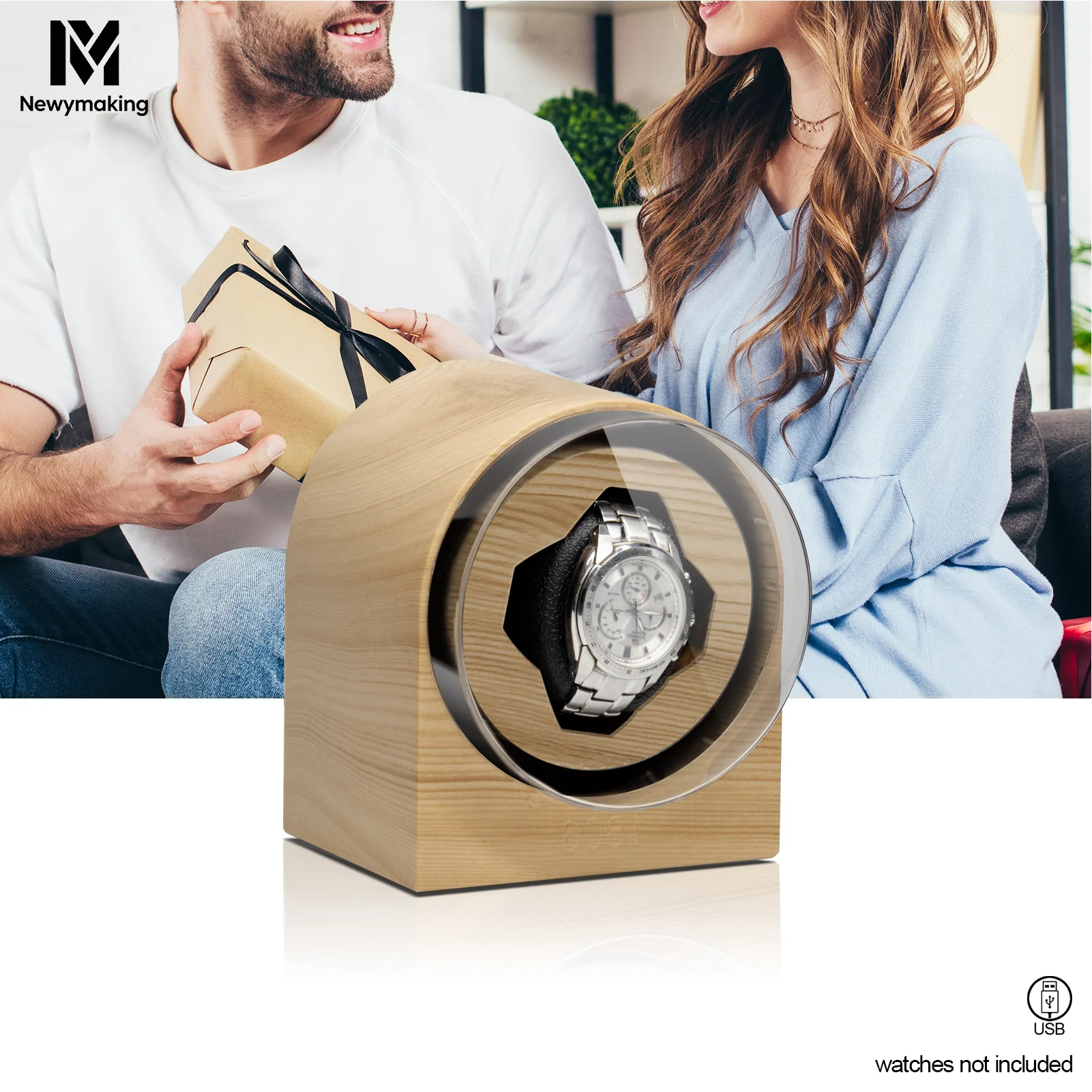 Single Watch Winder Wood Grain Texture USB Powered Automatic Watch Winder for Mechanical Watches, Men Watch Storage Display Box