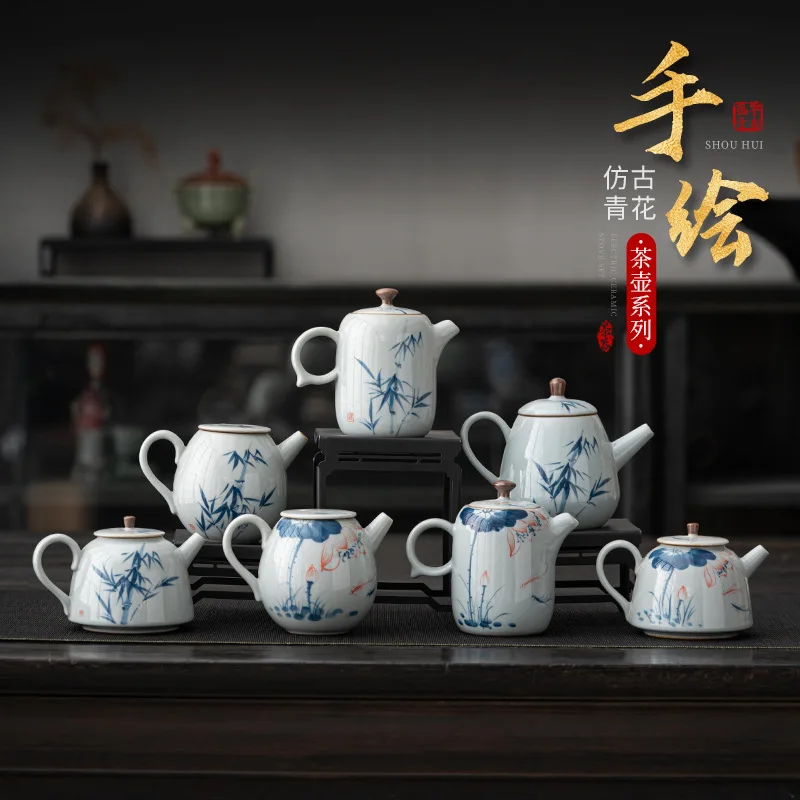 

Light luxury hand-painted teapot Lotus beauty pot retro blue and white bamboo Kung fu tea set new Chinese home office single pot